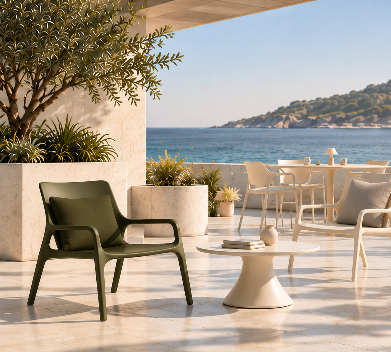 Olive monobloc lounge chair with an ivory coffee table in a coastal hospitality setting