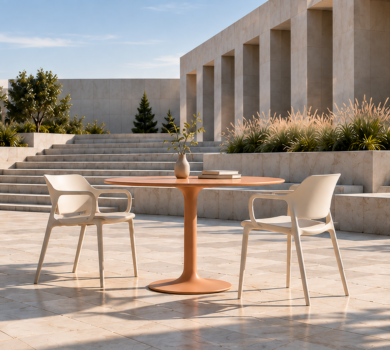 Mineral terracotta pedestal table in a landscaped public courtyard