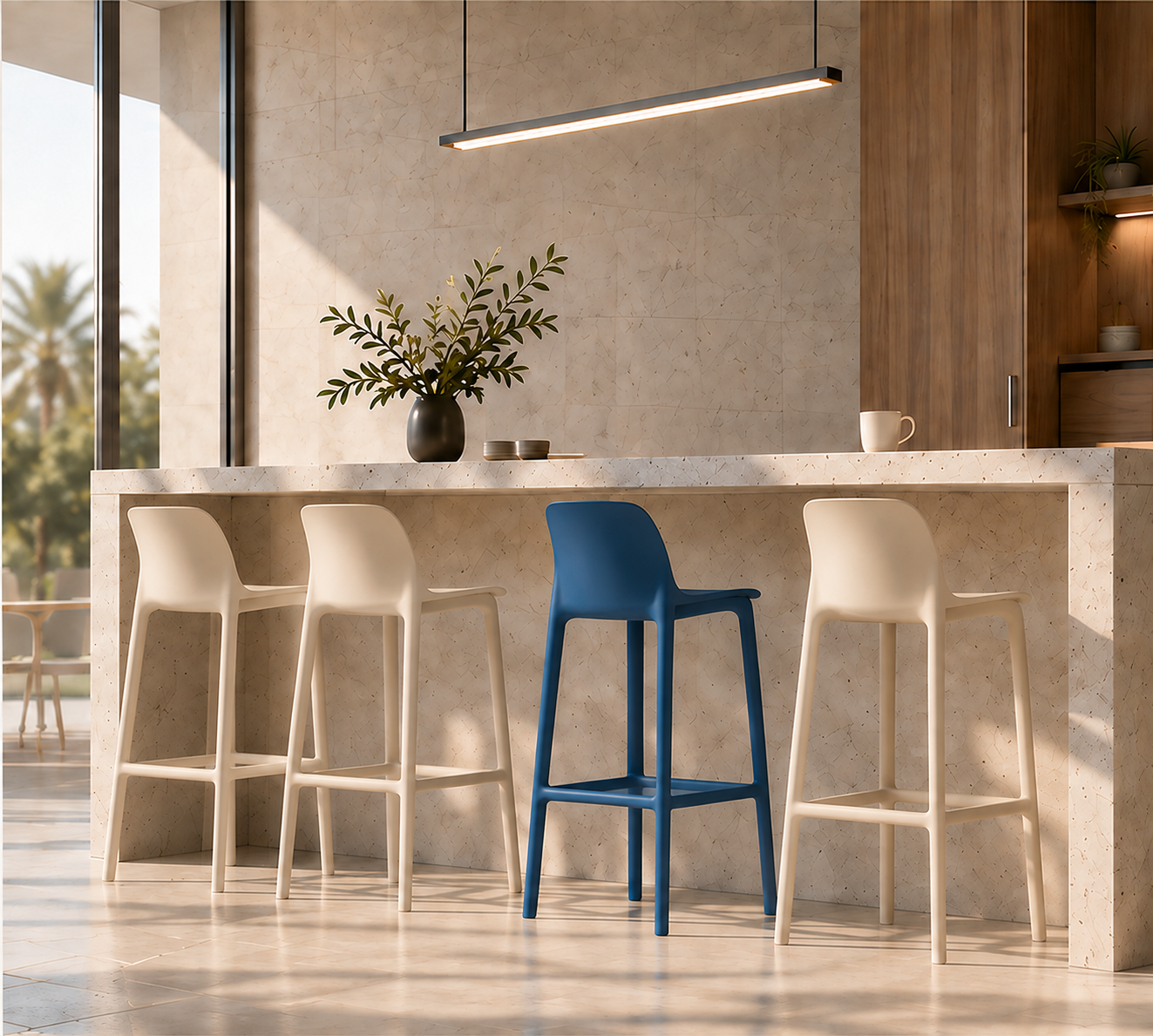 Blue bar stool with ivory stools beside a shared counter